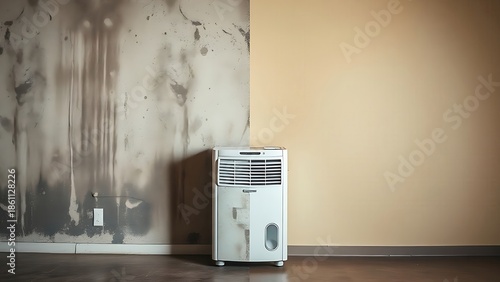  A split composition of a dry wall and a moldy surface with a dehumidifier in the center. 