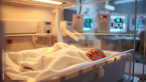 A neonatal incubator with soft blankets inside, warm lighting and medical equipment in the background. 