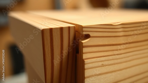  Close-up of a handcrafted wood dovetail joint showing fine wood grain.