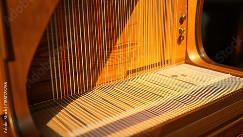  Opened harpsichord interior showing intricate wood grain and strings. 