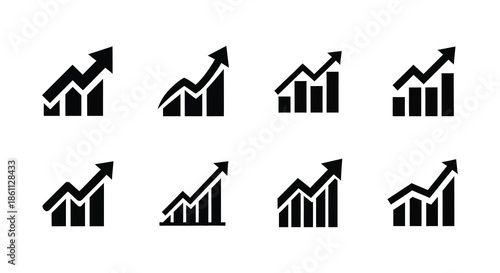A collection of black growth chart icons depicting financial progress and market trends silhouette