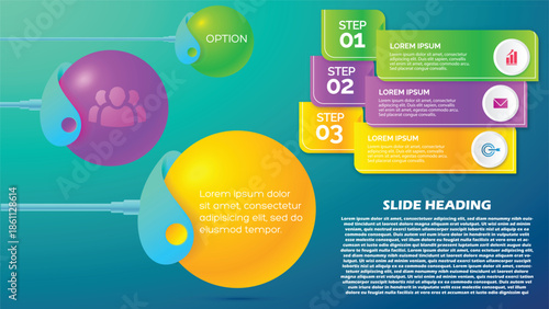 3 Step Business Presentation Infographic. 3D Spheres and Floating Banners with Growth, Communication, and Target Icons. Modern Vector Template for Process Flow and Strategy