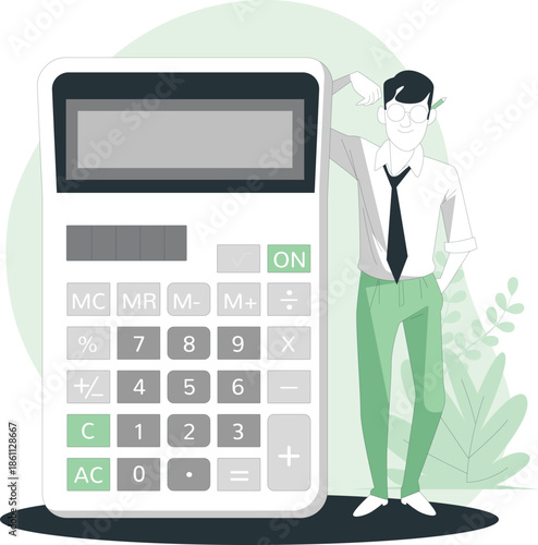 A businessman stands beside a large calculator, contemplating calculations in a serene office environment.