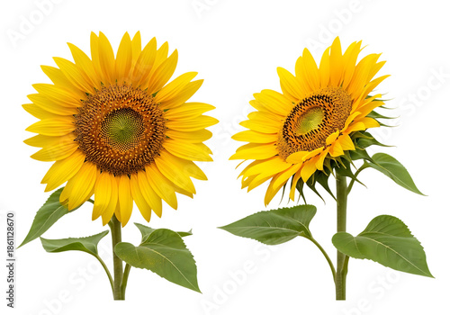 Two vibrant sunflowers facing front and side view with green leaves and stems, isolated on transparent background