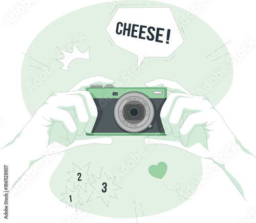 Hands holding a camera with a speech bubble saying cheese