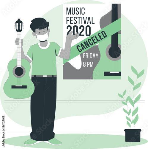 A man holding a guitar stands beside a poster announcing a music festival cancellation