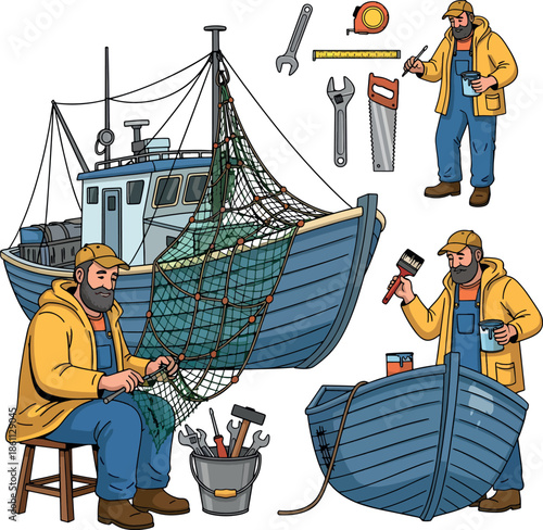 Fisherman Repairing Boat and Mending Net Vector Illustration