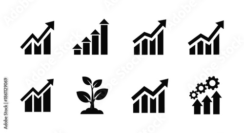 Collection of black financial growth icons including upward trends plants and gears silhouette
