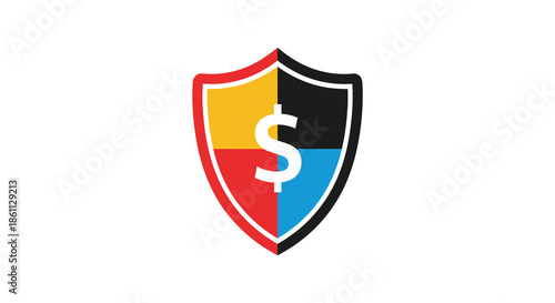 A colorful shield emblem with a dollar sign divided into quadrants graphic design silhouette