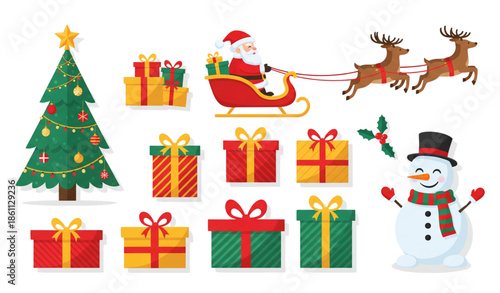 Festive Christmas holiday vector illustration set with Santa sleigh snowman and gifts isolated on white background