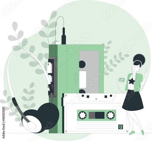 A woman listening to music on a cassette player with headphones in a serene environment