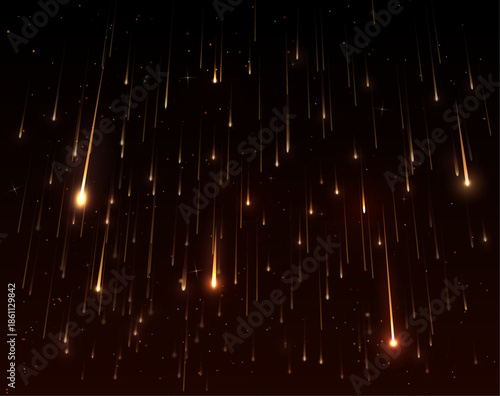 Falling stars on dark background, realistic lights, shooting star shower, flying meteors sparkling blur golden trial