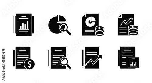 Collection of black glyph icons representing data analysis reports and financial growth silhouette