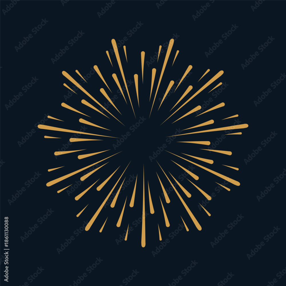 Obraz premium Golden fireworks burst with radiant orange-gold rays on a deep navy background, capturing festive New Year celebration energy. Ideal for holiday graphics, party invites, and seasonal stock vectors.