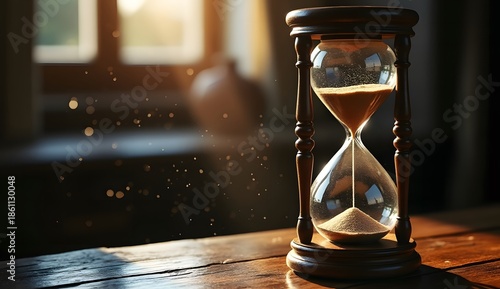 Vintage Wooden Hourglass with Sand Flowing Concept for Time Management
