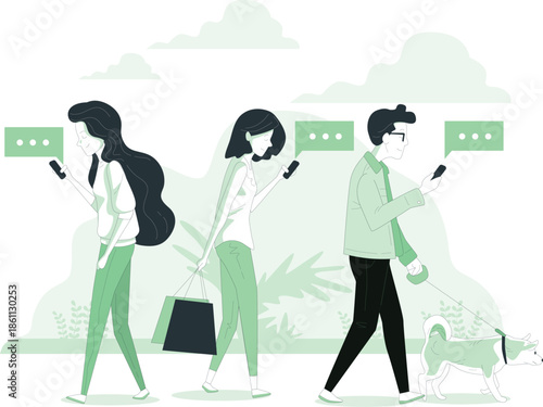 People walking with their dogs and using phones in a serene landscape