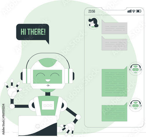 A robot wearing headphones is sitting next to a large smartphone displaying a chat interface with messages.