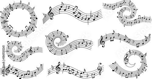 Music notes wave, melody music wave with staff, musical note, musical note wave element collection, musical notes melody on transparent background