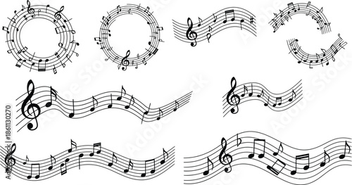 Music notes wave, melody music wave with staff, musical note, musical note wave element collection, musical notes melody on transparent background