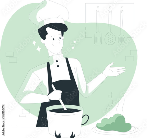 A chef is stirring a large pot in a kitchen environment with utensils nearby