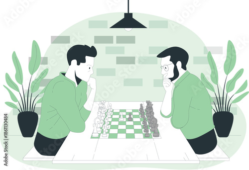 Two men intensely playing chess on a green checkered board indoors with plants around