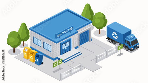 Isometric vector illustration of a recycling center with bins and a truck, representing eco-friendly waste management and sustainability concepts