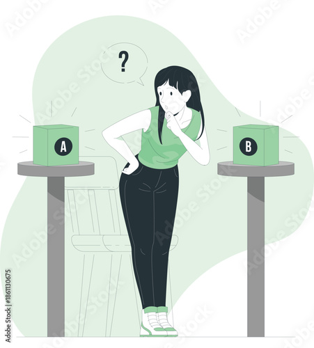 Woman standing between two laptops with puzzled expression