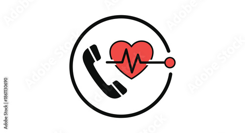 A circular design featuring a heart and telephone representing emergency healthcare communication silhouette
