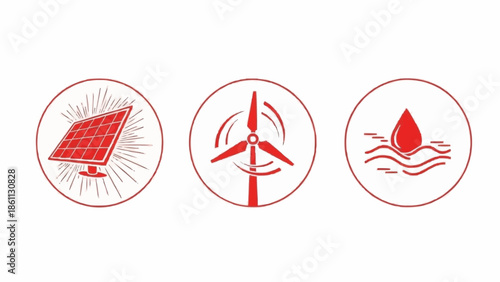 Renewable energy icons solar wind water power generation.