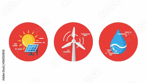 Renewable energy sources icons solar wind water power generation.