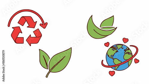 Recycling symbol leaves and planet earth with hearts illustration.
