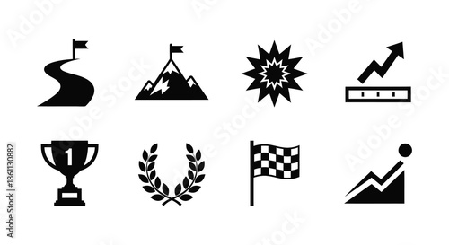 A collection of various black icons depicting sports achievements and growth silhouette