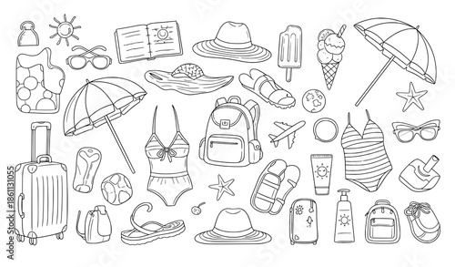 Blue line summer vacation travel elements hand drawn vector illustration set on white