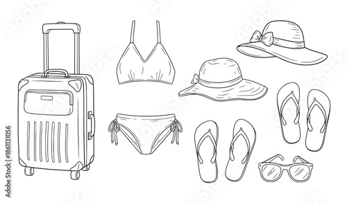 Hand drawn travel essentials outline vector illustration with suitcase swimwear hat and flip flops