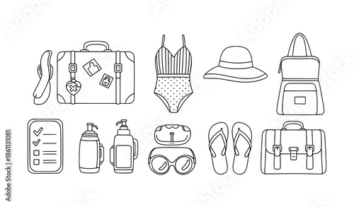 Minimal travel essentials doodle outline vector illustration for summer trip isolated on white