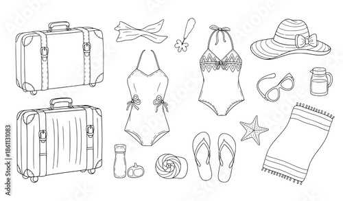 Simple outline travel essentials hand drawn vector set for summer vacation and packing list