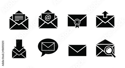 A collection of black envelope icons depicting various email and message concepts silhouette