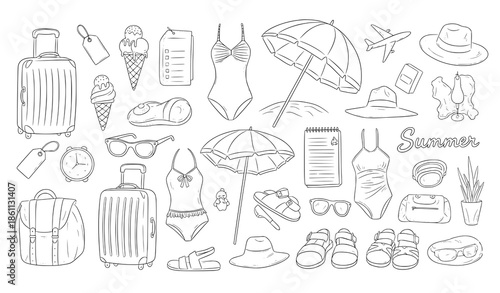 Hand drawn summer travel destination vector set with luggage ice cream swimsuits and beach umbrellas