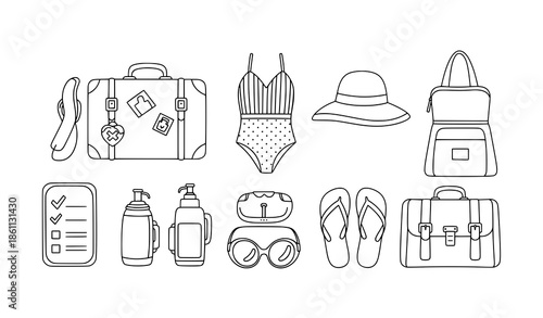 Minimal travel essentials doodle outline vector illustration for summer trip isolated on white