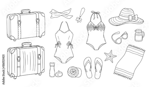 Simple outline travel essentials hand drawn vector set for summer vacation and packing list