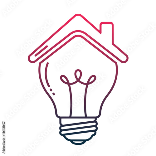 Red house shaped light bulb with double roof and flame pattern inside