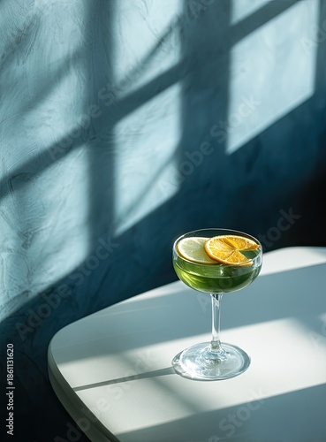 Close-up of a refreshing green drink with citrus garnishes, casting shadows
