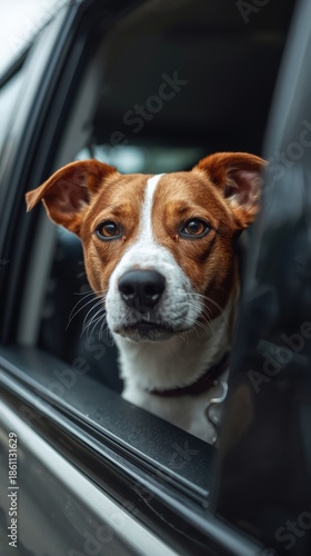 Curious dog peering from car window