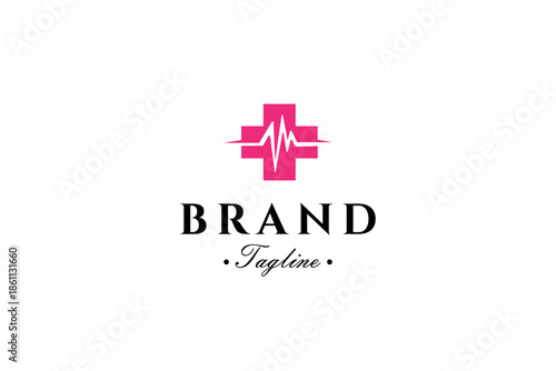 medical cross symbol icon logo with heartbeat in flat design style