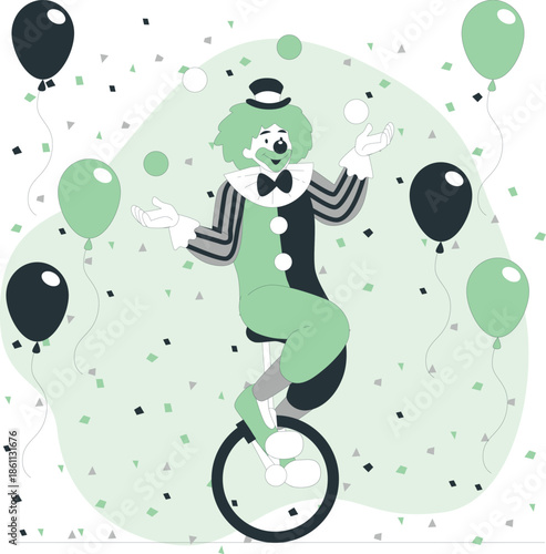 A jovial clown riding a unicycle amidst floating balloons and confetti