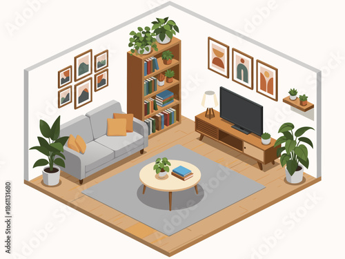 Isometric living room vector illustration in modern style, cozy interior design with furniture, plants, and artwork
