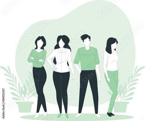 Group of young adults standing together in a relaxed environment surrounded by plants