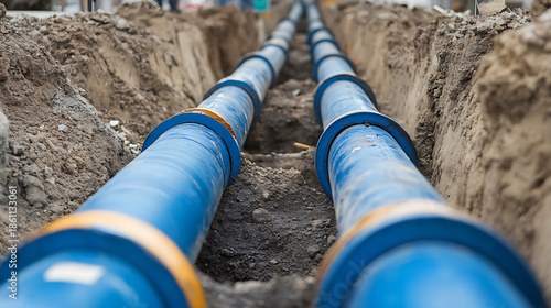 Two blue parallel pipes being installed underground in a trench, ensuring a seamless water system for the future of urban development. Strategic infrastructure.