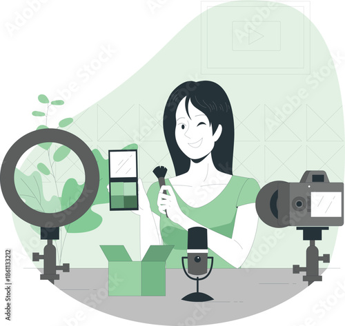 A woman creating content for social media with a product in a studio environment