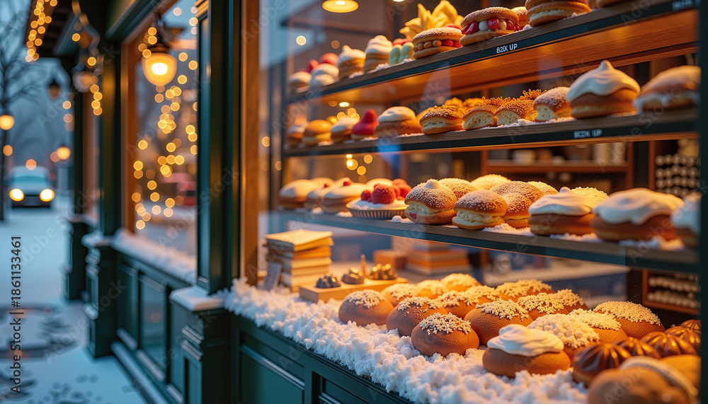 Fototapeta premium display of assorted pastries in a bakery window with festive decorations and warm lighting, ideal for culinary promotions or winter holiday advertising